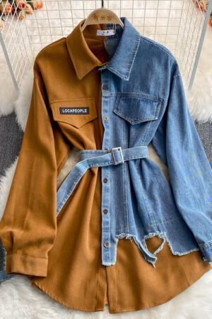Denim Splicing Lapel Dress Spring and Autumn New Waist and Thin Irregular Medium and Long Shirt