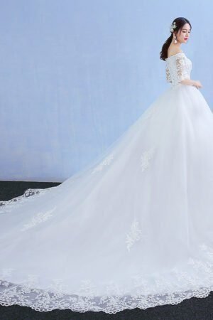 One-word Shoulder Wedding Dress Bride New Long Trailing Dream Princess Korean Long-sleeved Slim Wedding Dress