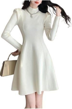 Viral Cozy Knit Dress: Cottagecore A-Line Bubble Sleeve for Spring Autumn Layering