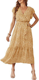 Stylish and Chic: Women's Floral Summer Dress with V-neck, Short Sleeves, Belt, and Pleated Hem - Perfect for Bohemian Fashion Lovers!