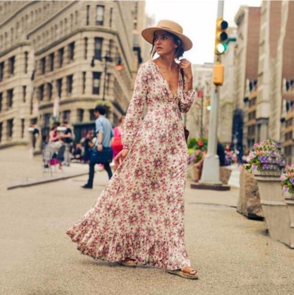 Bohemian Ladies Print Floral Ruffle V-Neck Lantern Sleeve Long Autumn Dress