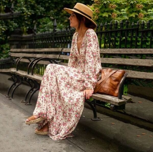 Bohemian Ladies Print Floral Ruffle V-Neck Lantern Sleeve Long Autumn Dress - Image 2