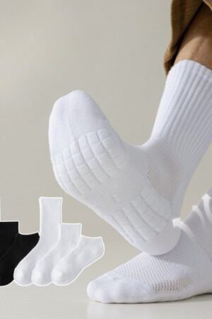 5 PRS-Men's Medium Tube Socks Terry Socks Towel Bottom Sports Cotton White Stockings Basketball Socks