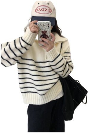 Striped Half-zipper Pullover Sweater Women's Autumn and Winter New Loose Lazy Wind Thick Knitted Sweater