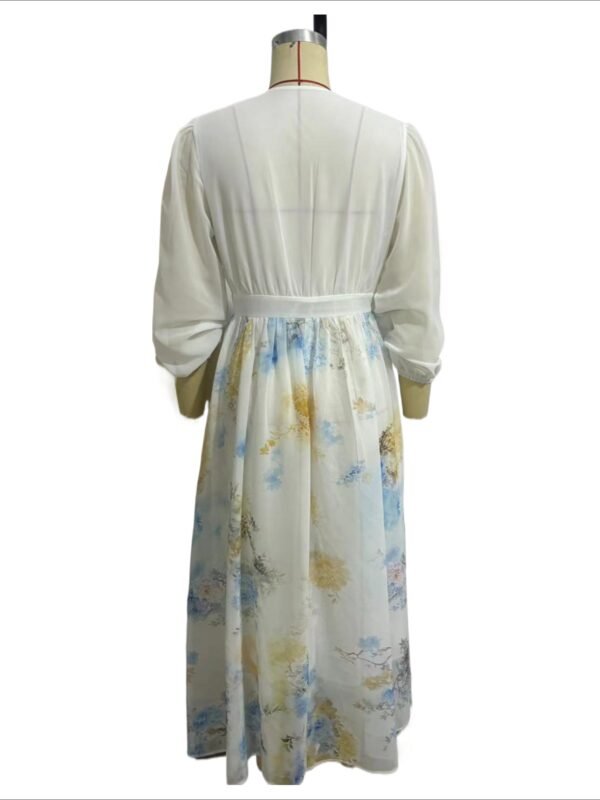 Dark Academia Maxi Dress - Artistic Digital Print V-Neck with Contrast Panelled Sleeves - Image 6