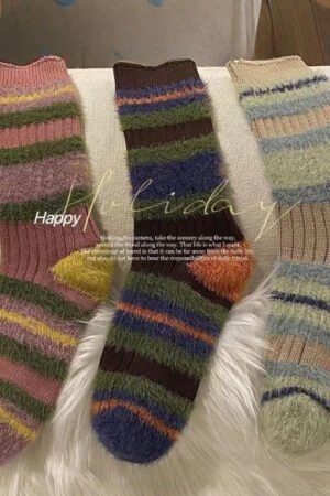 5PRS-Thick Stripes Color Matching Contrasting Imitation Mink Fluffy Socks Sweet Warm Women's Mid-tube Socks