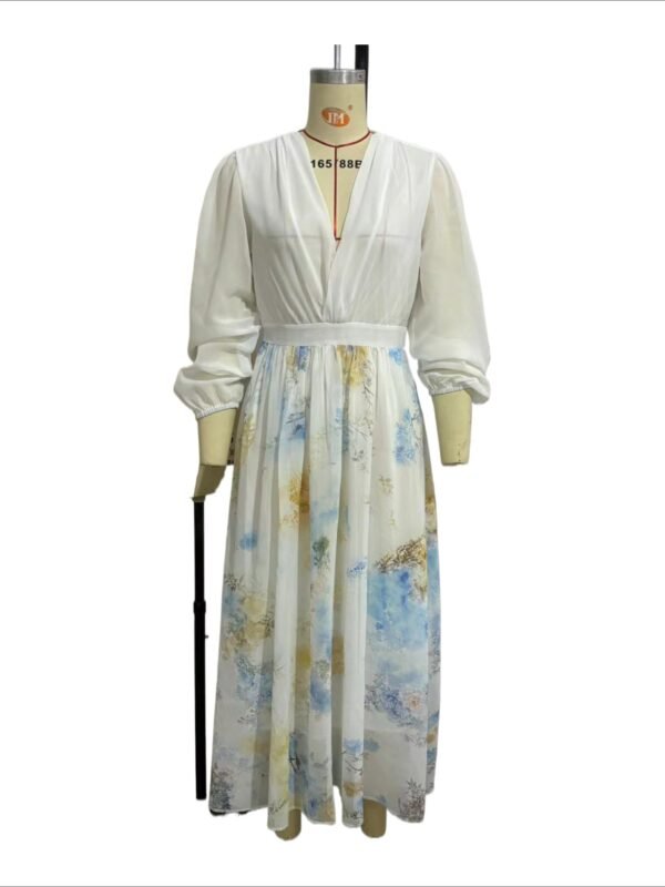 Dark Academia Maxi Dress - Artistic Digital Print V-Neck with Contrast Panelled Sleeves - Image 5