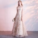 Evening dress new banquet host long thin sleeveless temperament socialite lace champagne dress