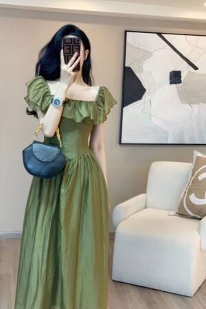 Green one-word shoulder square neck bubble sleeve dress women's summer new temperament long skirt