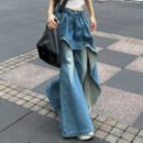 Slightly Fat Spice Girl Design Sense Irregular Splicing Jeans Autumn and Winter New Fake Two-piece Thin Flared Pants