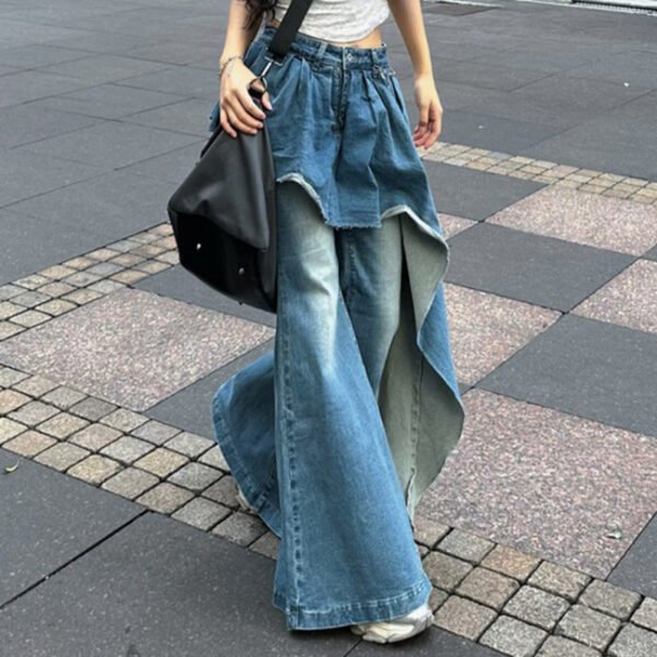 Slightly Fat Spice Girl Design Sense Irregular Splicing Jeans Autumn and Winter New Fake Two-piece Thin Flared Pants - Image 5