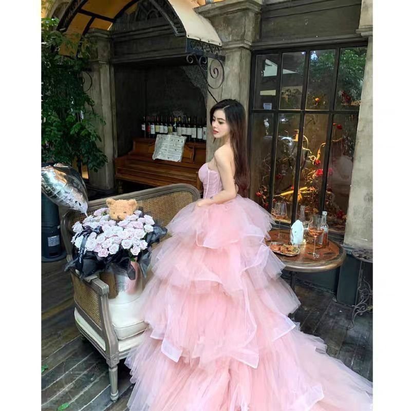 Pink Evening Dress Women's High-end Tube Top Light Wedding Dress French Banquet Light Dress Adult Dress Trailing Princess Dress 6 Pink Evening Dress Women's High-end Tube Top Light Wedding Dress French Banquet Light Dress Adult Dress Trailing Princess Dress - Image 6