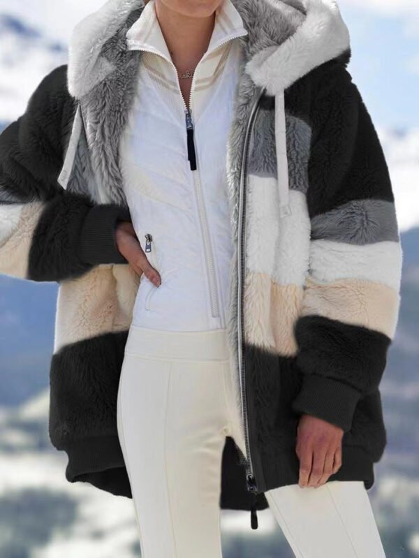 Autumn and Winter Warm Plush Patchwork Zipper Pocket Hooded Loose Coat Women - Image 10