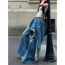 Slightly Fat Spice Girl Design Sense Irregular Splicing Jeans Autumn and Winter New Fake Two-piece Thin Flared Pants