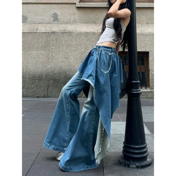 Slightly Fat Spice Girl Design Sense Irregular Splicing Jeans Autumn and Winter New Fake Two-piece Thin Flared Pants - Image 2