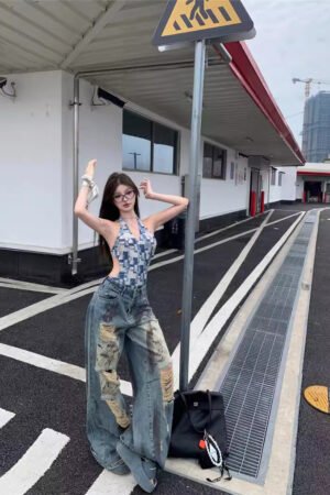 Retro Tie-dye Wasteland Wind Ripped Wide-leg Jeans Women's Summer Design Sense High Waist Thin Straight Mopping Pants