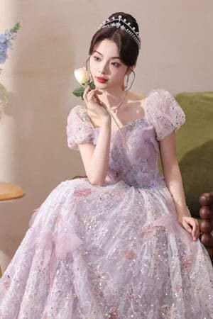 Lilac Tulle Evening Gown - Fairy Princess Dress with Puff Sleeves for Banquet & Stage Events