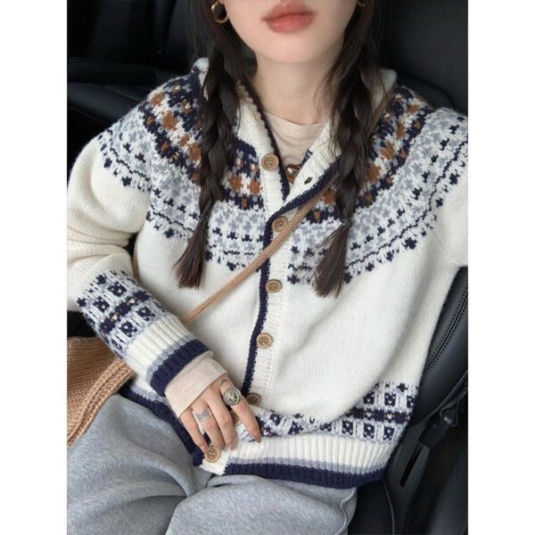 Vintage Fair Island Jacquard Knitted Cardigan Women's Autumn and Winter New Soft Waxy Sweater Jacket - Image 3