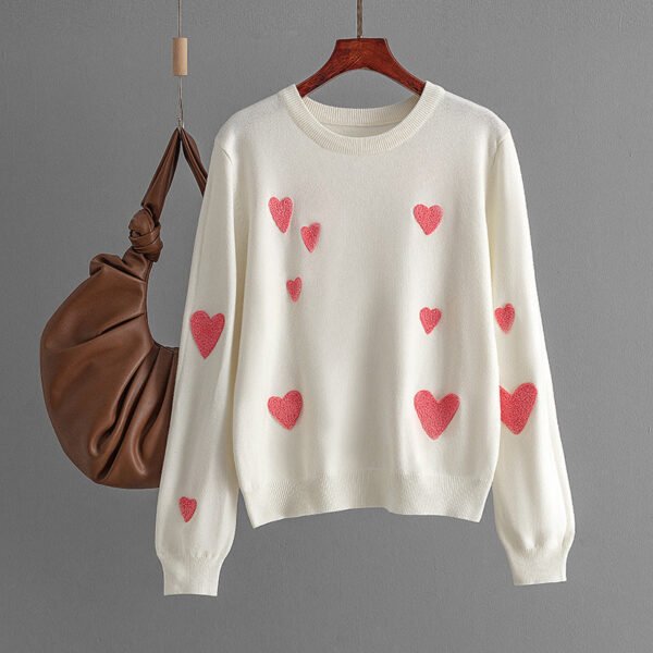 2024 autumn and winter new love flocking embroidery round neck long sleeve knitted sweater pullover bottoming shirt top women - Image 3