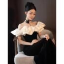 Evening Dress Women's Black One-word Shoulder Temperament High-end Fishtail Senior Sense Adult Ceremony Banquet Dress Light Luxury Niche