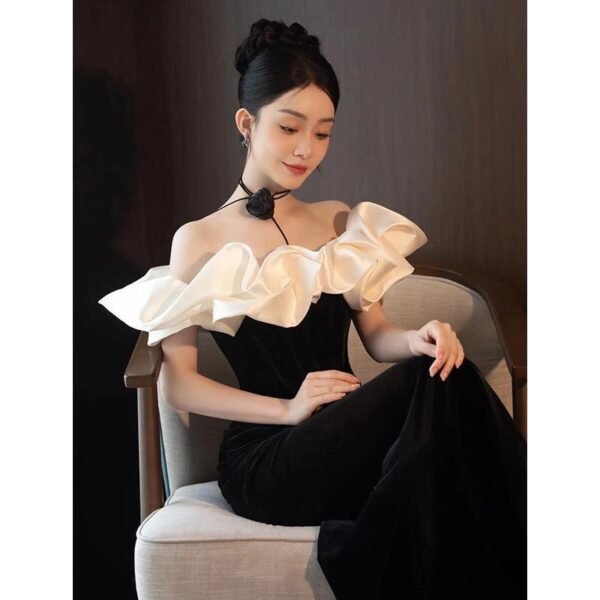 Evening Dress Women's Black One-word Shoulder Temperament High-end Fishtail Senior Sense Adult Ceremony Banquet Dress Light Luxury Niche - Image 3