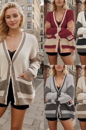 Autumn and Winter Hot Sale Knitted Jacket V-neck Large Size Pocket Color Matching Cardigan Sweater Women