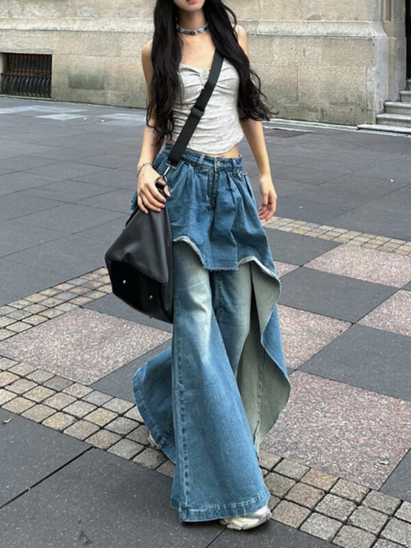 Slightly Fat Spice Girl Design Sense Irregular Splicing Jeans Autumn and Winter New Fake Two-piece Thin Flared Pants - Image 6