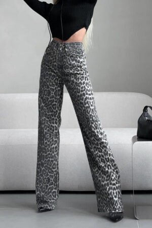 Women's Wide-leg Leopard Print Jeans Spring Summer Slim Straight Trousers Spice Girl Fashion Versatile Design
