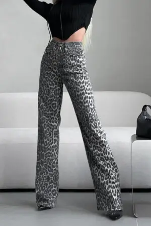 Women's Wide-leg Leopard Print Jeans Spring Summer Slim Straight Trousers Spice Girl Fashion Versatile Design