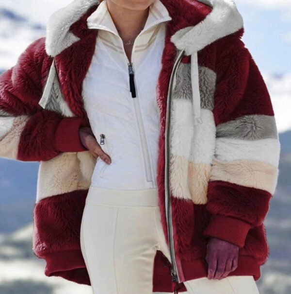 Autumn and Winter Warm Plush Patchwork Zipper Pocket Hooded Loose Coat Women - Image 14