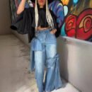Women's Patch Pocket Jeans High Waist and Butterfly Tie Design Street Casual Style Solid Color Wide Leg Pants