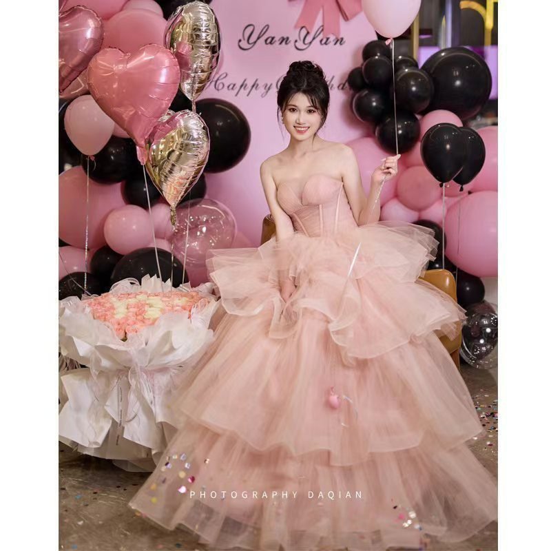 Pink Evening Dress Women's High-end Tube Top Light Wedding Dress French Banquet Light Dress Adult Dress Trailing Princess Dress 2 Pink Evening Dress Women's High-end Tube Top Light Wedding Dress French Banquet Light Dress Adult Dress Trailing Princess Dress - Image 2