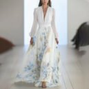 Dark Academia Maxi Dress - Artistic Digital Print V-Neck with Contrast Panelled Sleeves