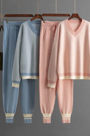 Autumn and winter new sweater set knitted striped V-neck large size loose long-sleeved commuter two-piece set