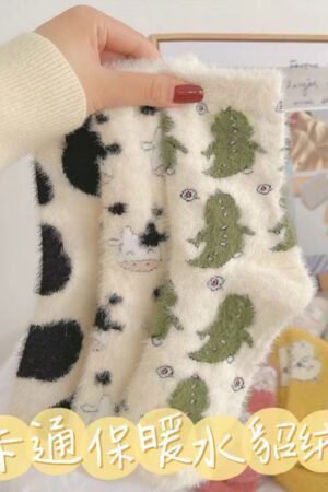 5PRS-Cartoon Mink Fleece Women's Thickened Warm Cute Fluffy Home Floor Socks Confinement Sleep Sock