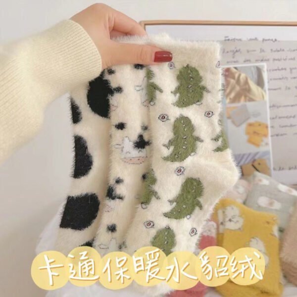 5PRS-Cartoon Mink Fleece Women's Thickened Warm Cute Fluffy Home Floor Socks Confinement Sleep Sock