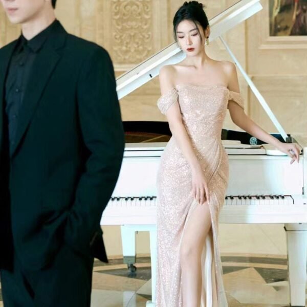 Evening Dress Fine Flash Light Luxury High Temperament Bridal Engagement Banquet Dress One-word Shoulder French Travel Photo Light Wedding Dress - Image 2