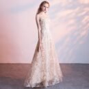 Evening dress new banquet host long thin sleeveless temperament socialite lace champagne dress