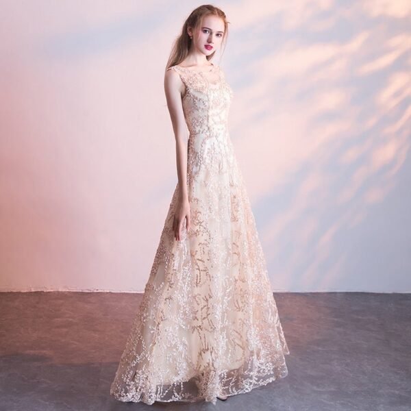 Evening dress new banquet host long thin sleeveless temperament socialite lace champagne dress - Image 4