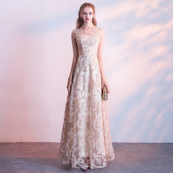 Evening dress new banquet host long thin sleeveless temperament socialite lace champagne dress - Image 2