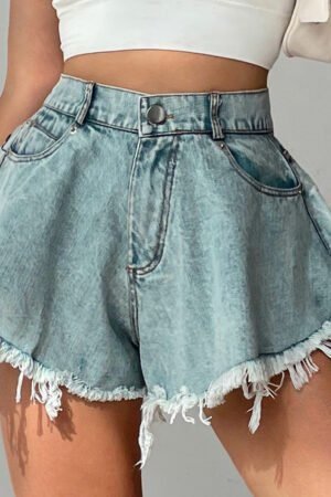 Women’s Distressed Denim Shorts - High-Rise Baggy Frayed Hem Boho Streetwear
