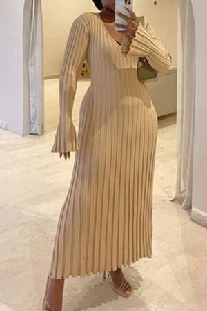 Autumn and Winter New Knitted Dress Casual Waist V-neck Large Pit Strip Thin Knitted Dress Women