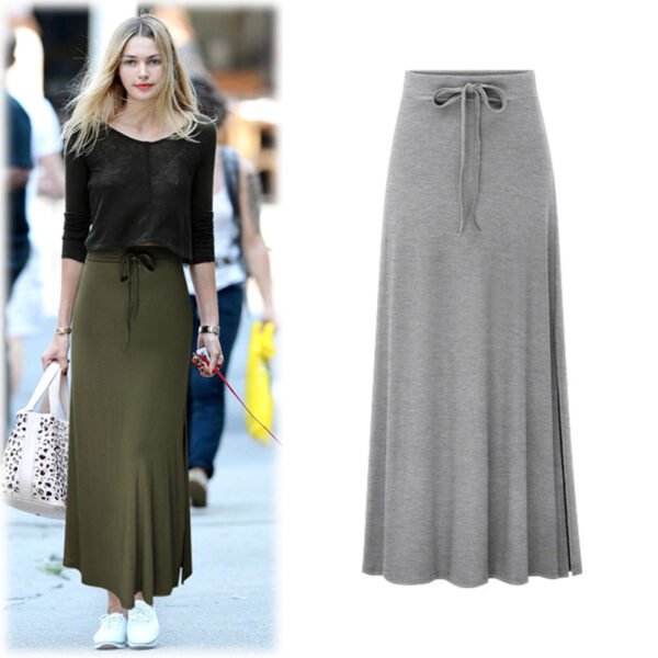 Large Size Women's Clothing Fashion Knitted Skirt High Waist Medium and Long Slit A-shaped Skirt Elastic Over The Knee - Image 4