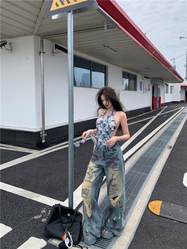 Retro Tie-dye Wasteland Wind Ripped Wide-leg Jeans Women's Summer Design Sense High Waist Thin Straight Mopping Pants - Image 5