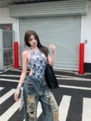 Retro Tie-dye Wasteland Wind Ripped Wide-leg Jeans Women's Summer Design Sense High Waist Thin Straight Mopping Pants