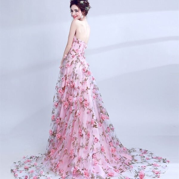 New Evening Dress Bean Pink Flower Lace Tub Top Performance Dress Bridal Wedding Banquet Annual Meeting Evening Dress - Image 2