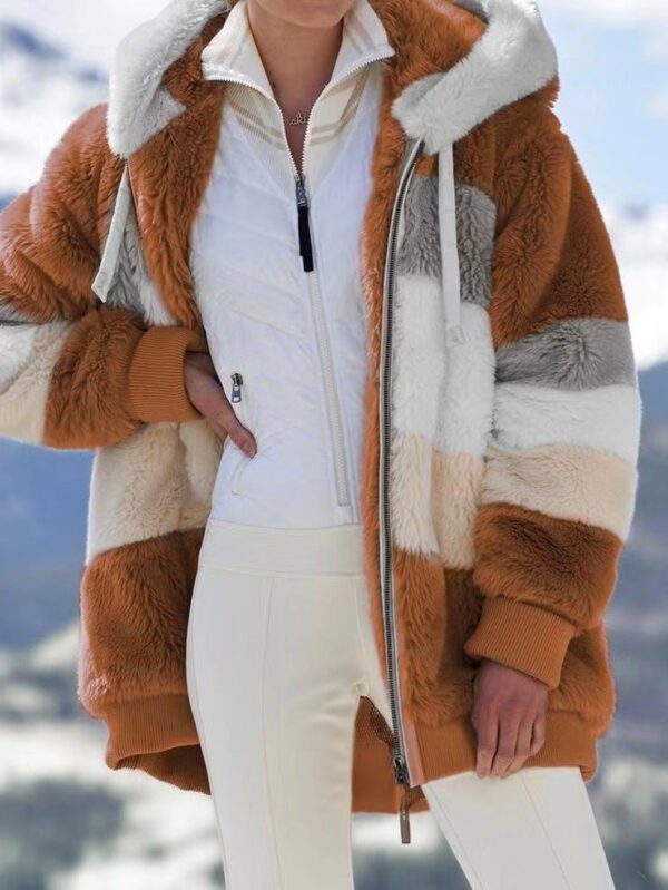 Autumn and Winter Warm Plush Patchwork Zipper Pocket Hooded Loose Coat Women - Image 12