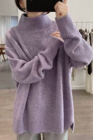 Purple Turtleneck Sweater Jacket Autumn and Winter New Loose and Thin Pullover High-end Soft Waxy Bottoming Knitted Sweater Top