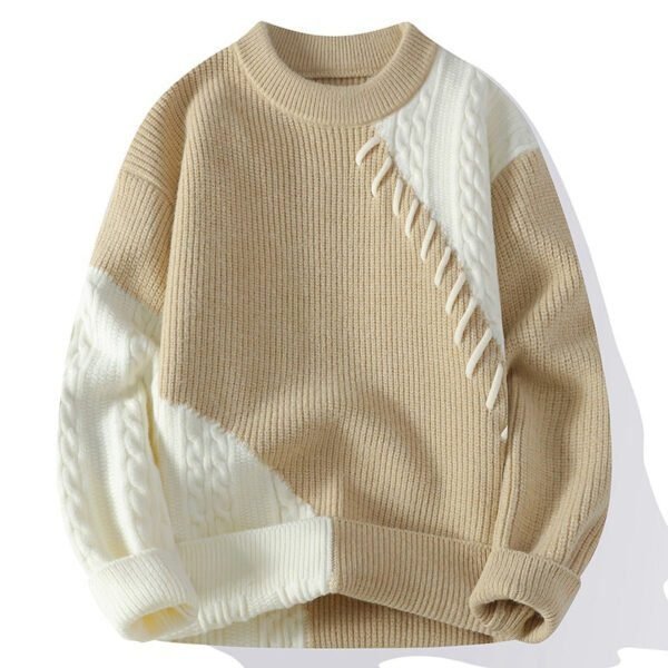 Contrasting Color Crew Neck Pullover Sweater Men's Spring Autumn Winter New Knitted Loose Casual Long-sleeved Bottoming - Image 2