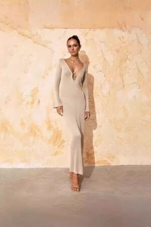 V-neck Sexy Long Knitted Dress, Ring Halter Long-sleeved Sweater Skirt